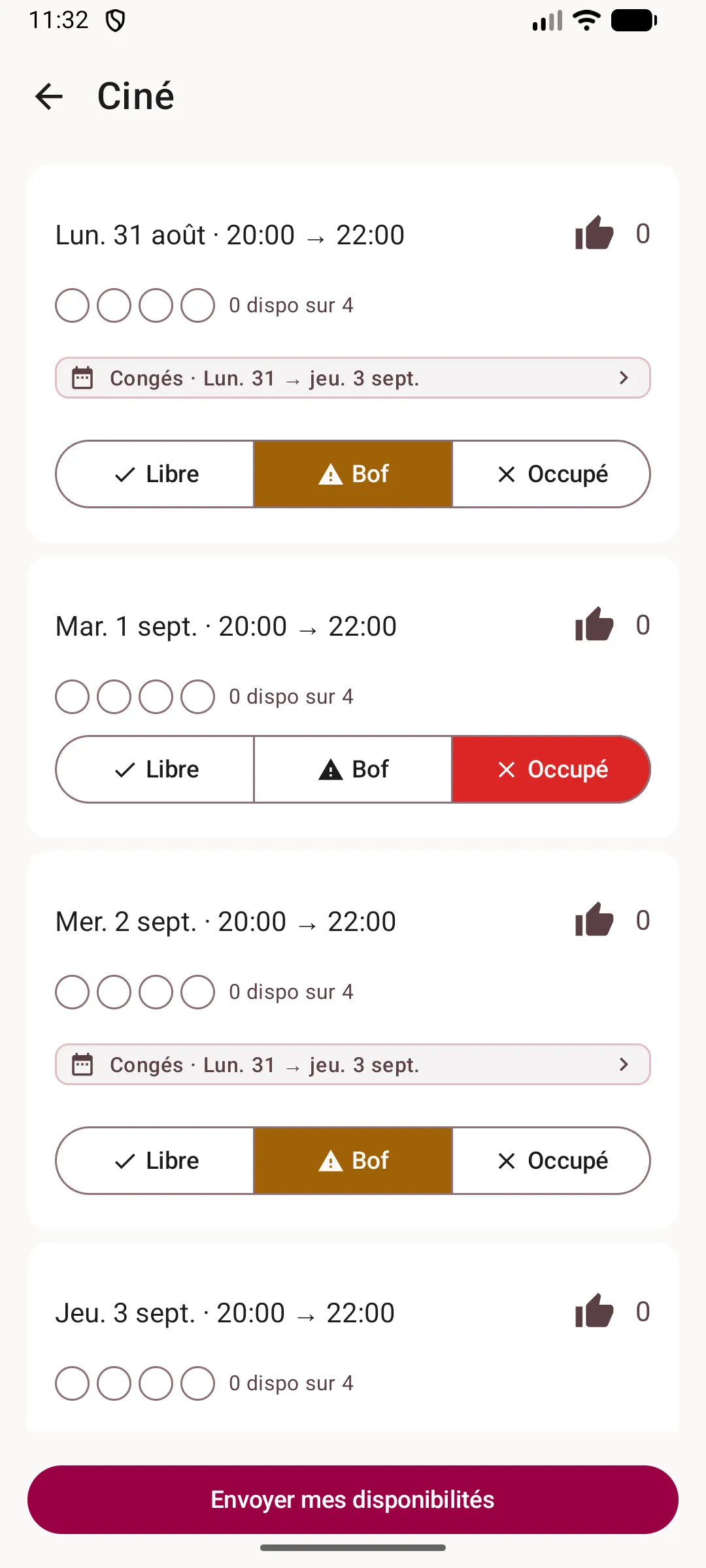 Écran de réponse à un sondage : pour chaque créneau, le choix libre, bof ou occupé, pré-rempli d’après l’agenda, et un bouton pour envoyer ses disponibilités.